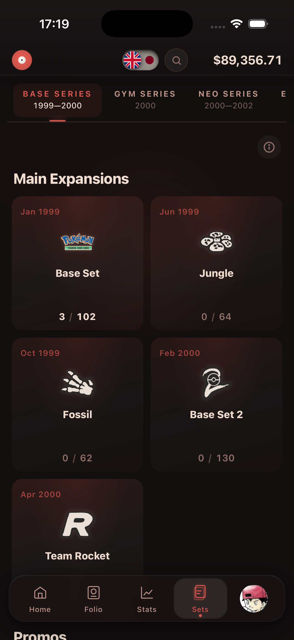 Set browser — series navigation across Base, Gym, Neo, e-Card